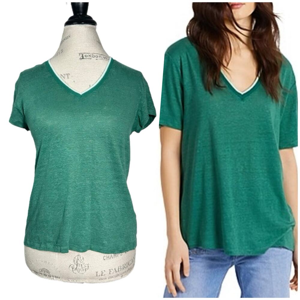 Gerard Darel | Women | Amelia 100% Linen Forest Green V-Neck Basic Tee | Small